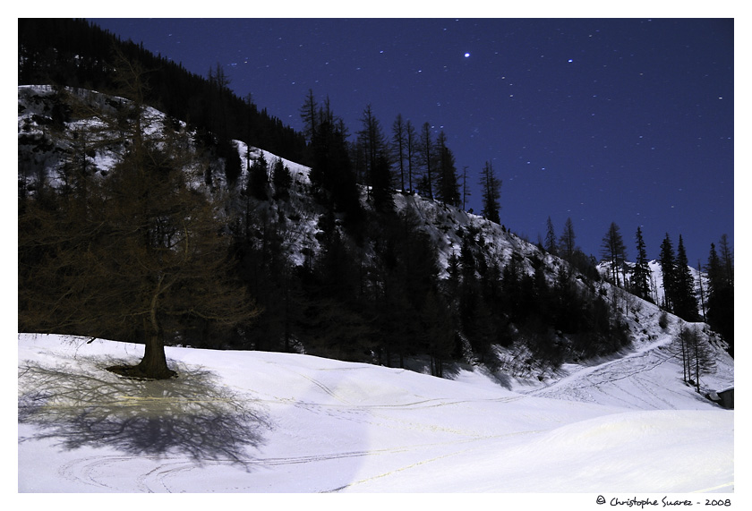 Paysage des Alpes la nuit - Le massif des Aiguilles Rouges clair par la lune (Suisse).