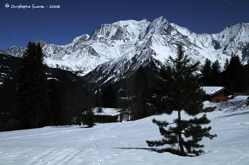 Paysage des Alpes la nuit - Le massif du Mont-Blanc clair par la lune.